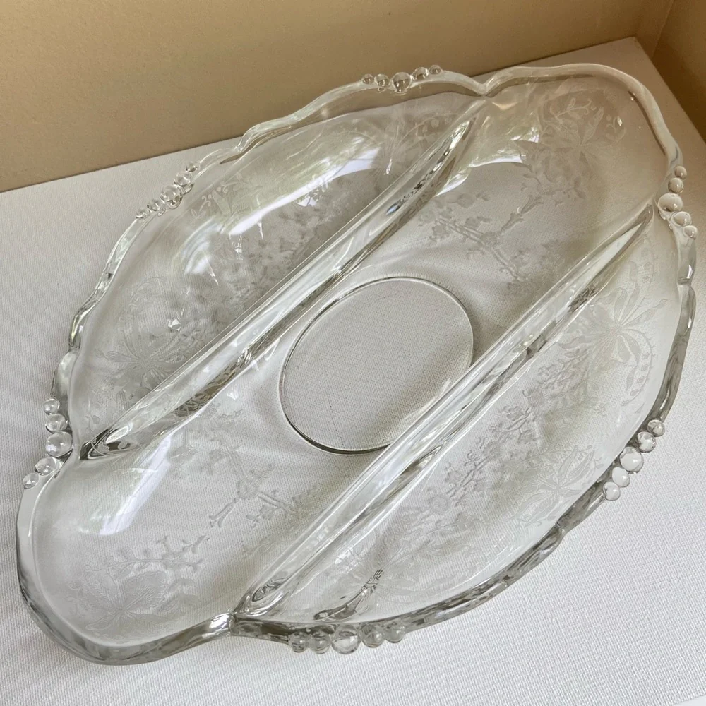 Heisey Glass etched orchids vintage clear divided three part serving tray dish